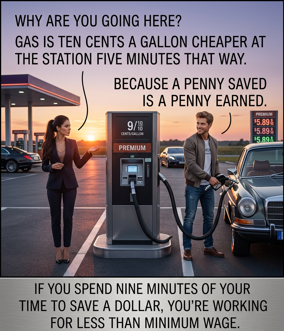 And if you drive a typical car more than a mile out of your way for each penny you save on the per-gallon price, it doesn't matter how worthless your time is to you--the gas to get you there and back costs more than you save.