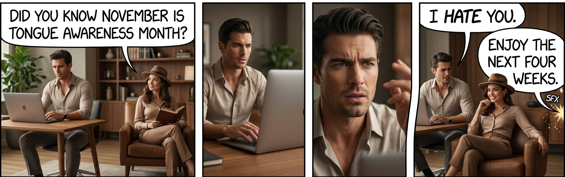 November marks the birthday of Charles Schulz, pioneer of tongue awareness.