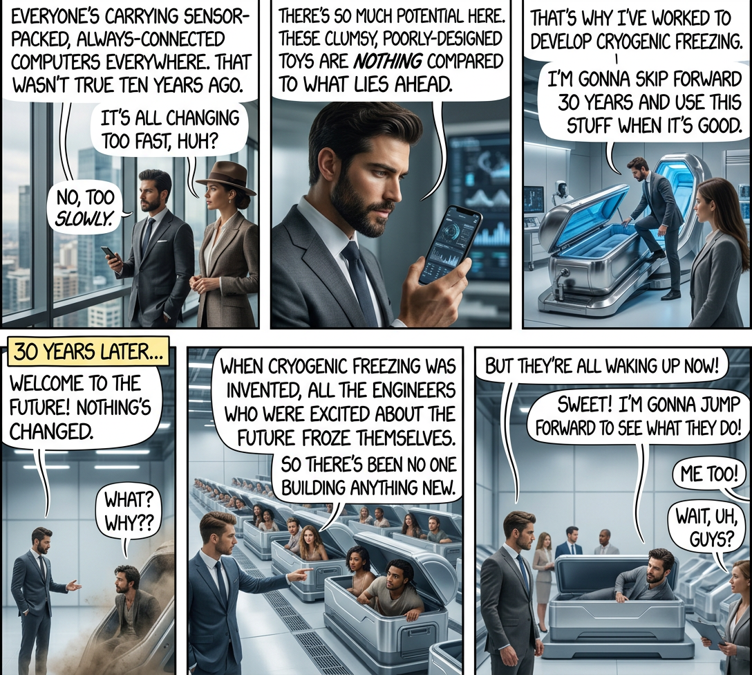 'Welcome to the future! Nothing's changed.' was the slogan of my astonishingly short-lived tech startup.