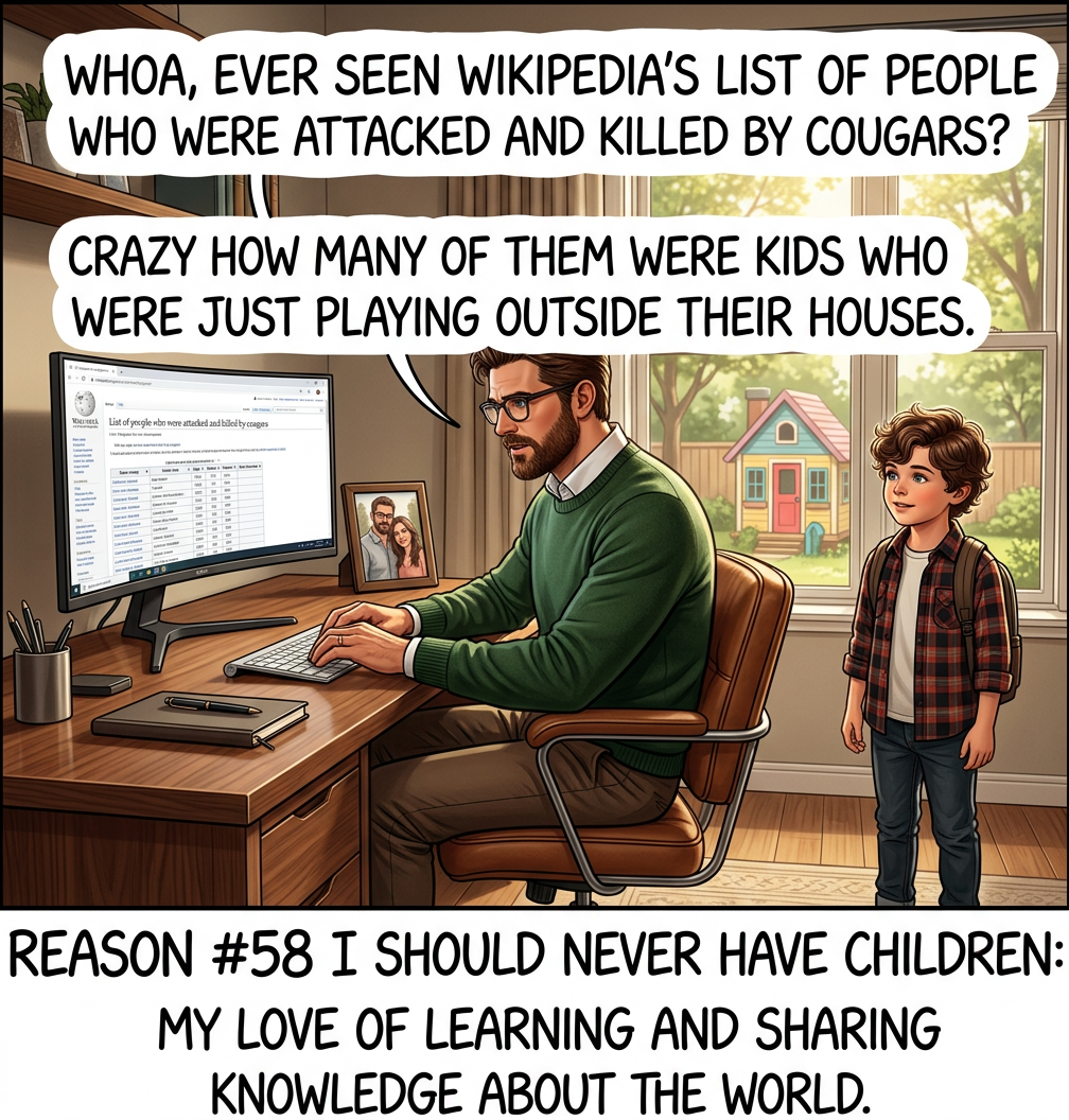 If you're lying in bed tonight and you see yellow eyes glinting in your window, are you being stalked by a puma, a mountain lion, a panther, a catamount, or a cougar? Trick question--in North America, they're all names for the same species, Puma concolor! Isn't learning fun? Anyway, sleep tight!
